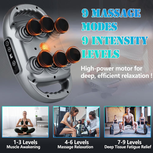 6 Head Massage Gun Deep Tissue with 9 Levels & 9 Modes, Electric Massager Tool for Legs, Arms, Waist, Back, Buttocks - Full Body Muscle Pain