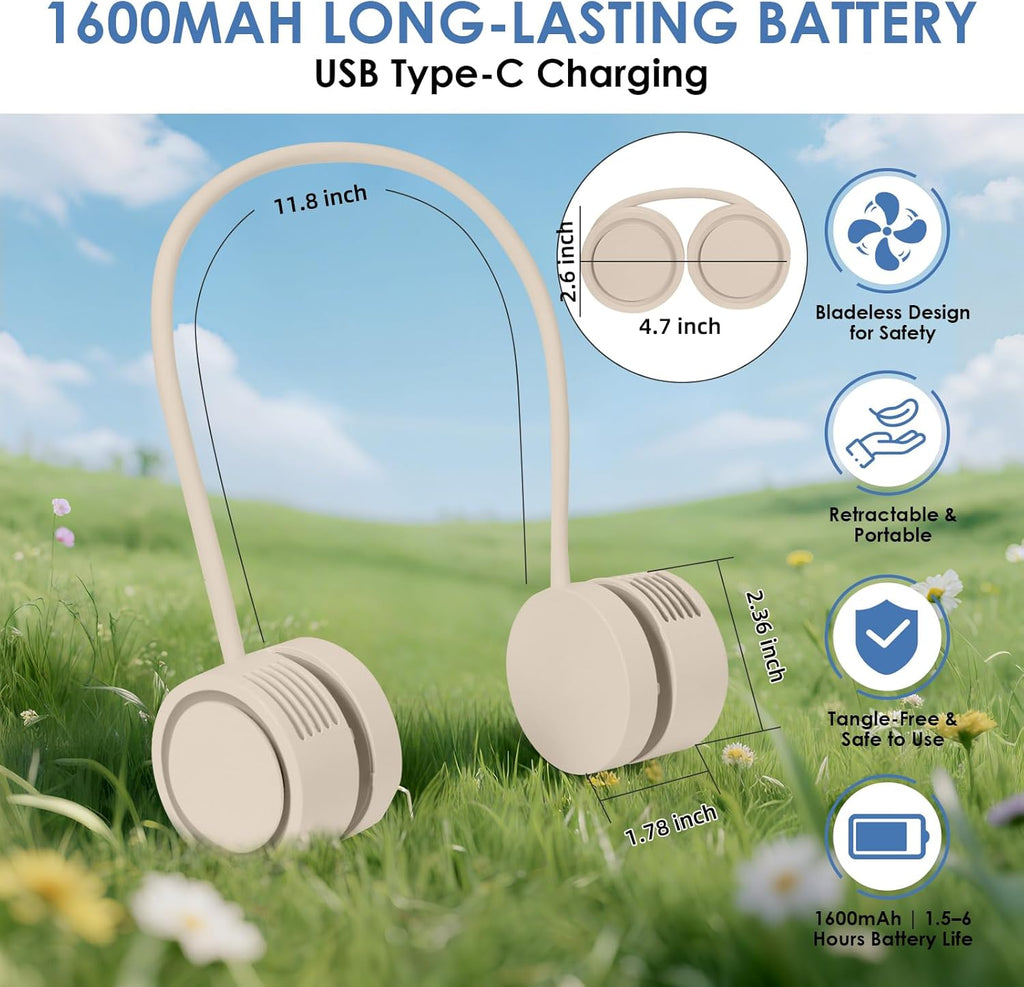 Neck Fan, Portable Bladeless Wearable Fan with 360° Airflow, 3 Speeds, 1600mAh Rechargeable Battery, Quiet Foldable USB Personal Fan for Men